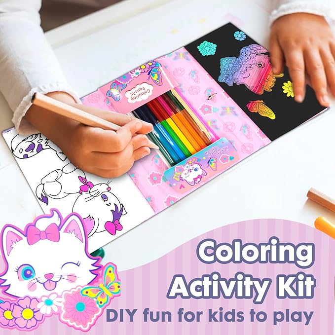 Cat Coloring Book Set with Coloring Pages & Colored Pencils, Art Supplies for Kids Ages 4-6-8, Arts Crafts Travel Coloring Kit for Girls 4 5 6 7 8 Year Old Birthday Gift