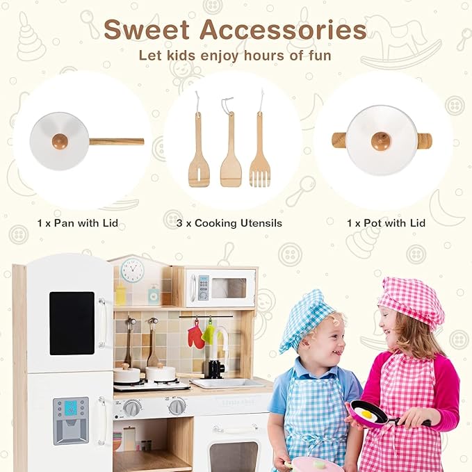 HOMGX Little Chef Toy Kitchen Set, Kids Kitchen Playset w/Microwave, Faucet, Stove, Realistic Light & Sound, Cookware Accessories, Toddlers Cooking Toyset, Gift for Boys Girls Age 3+
