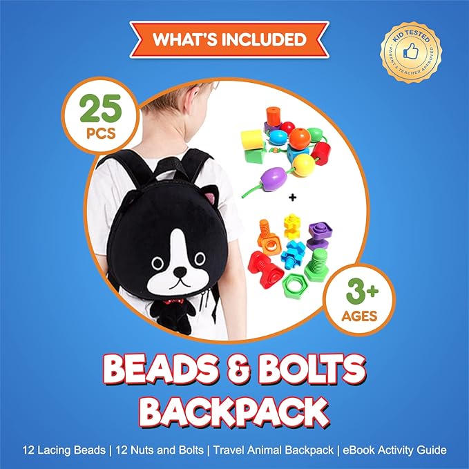 Kids Nuts and Bolts Set – Jumbo Matching Fine Motor Toy for Toddlers (12 pcs/Travel Backpack Included)… (Dog Backpack with Beads & Bolts)