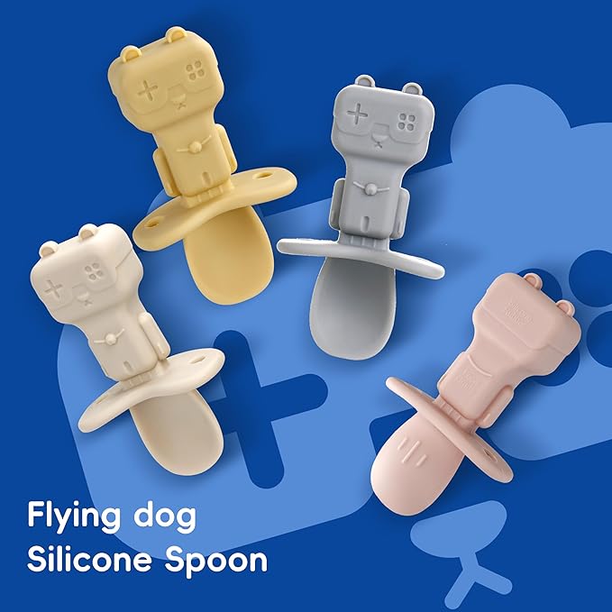 Silicone Baby Spoons, 3PCS Baby Spoons Self Feeding 6+ Months Robot Baby Utensils Baby Led Weaning Spoons with Anti Choke Barrier First Stage Training Toddler Spoons, BPA Free (Blue)