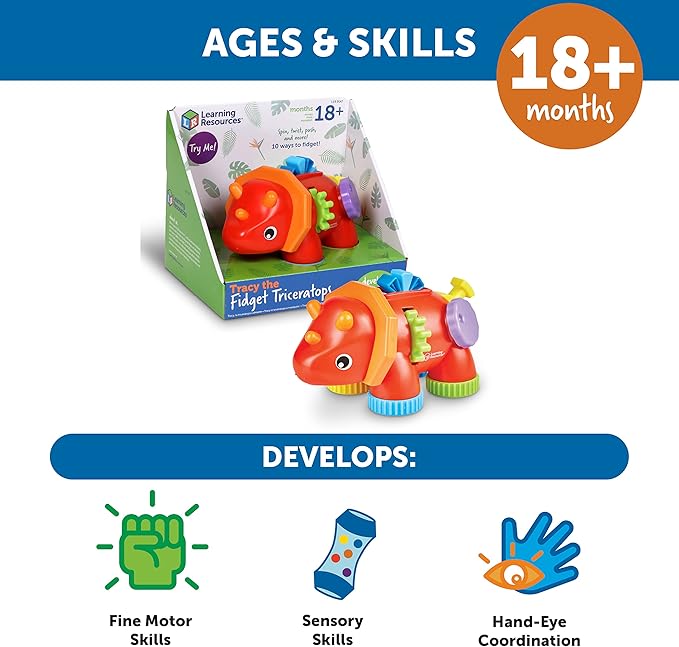 Learning Resources Tracy The Fidget Triceratops,1 Piece, Ages 18 Months+, Baby Toys,Sensory Toys for Toddlers, Fine Motor Toys,Montesory Toys