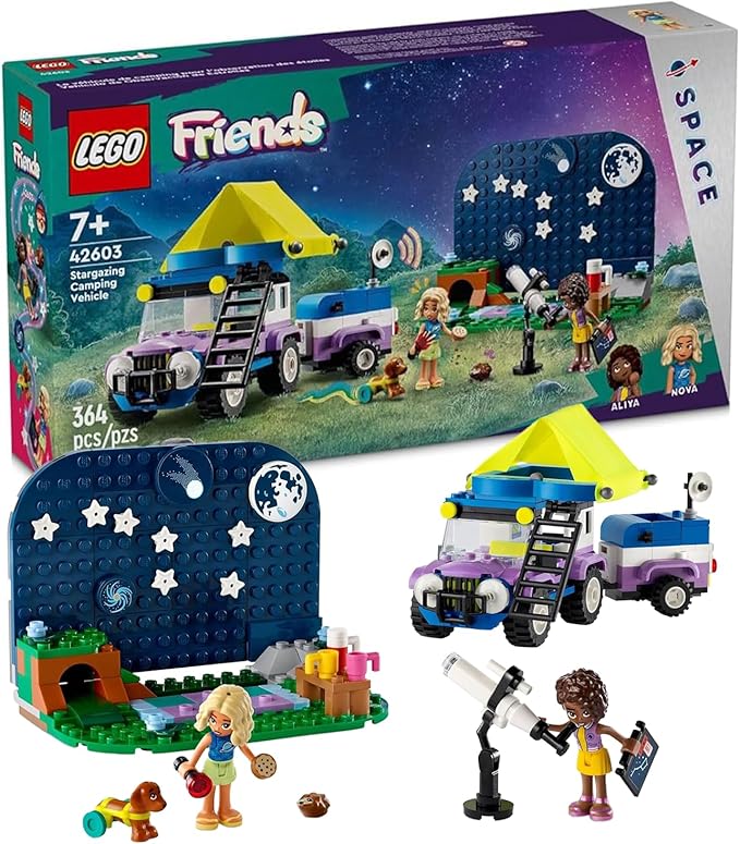 LEGO Friends Stargazing Camping Vehicle Adventure Toy, Includes 2 Mini-Dolls, Camping Trailer, Telescope Toy, and a Dog Figure, Science Toy Gift Idea for Girls, Boys and Kids Ages 7 and Up, 42603