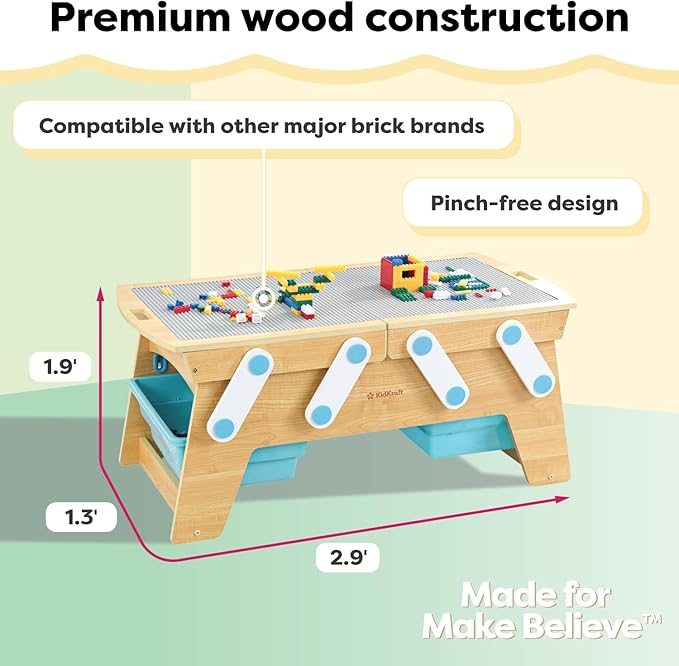 KidKraft Building Bricks Play N Store Wooden Table, Children's Toy Storage with Bins, 200+ Building Blocks Included, Natural, Gift for Ages 3+