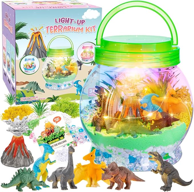 Light Up Dinosaur Terrarium Kit for Kids, Dinosaur Birthday Gift for Boys Ages 5 6 7 8-12 Year Old, DIY Unicorn Arts & Crafts Toys for Boys (Dinosaur)