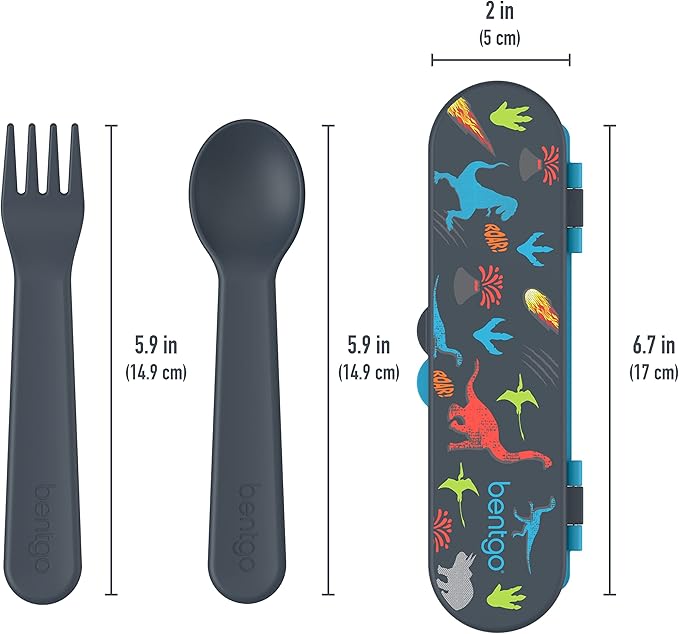 Bentgo Kids Utensil Set - Reusable Plastic Fork, Spoon & Storage Case - BPA-Free Materials, Easy-Grip Handles, Dishwasher Safe - Ideal for School Lunch, Travel, & Outdoors (Dinosaur)