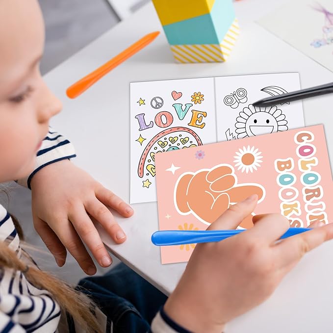 48Pcs Bulk Groovy Coloring Books with Crayons Boho Rainbow Coloring Books for Kids Hippie Bus Retro Flowers Pattern DIY Hand Drawing for Boys Girls Groovy Birthday Party Favors