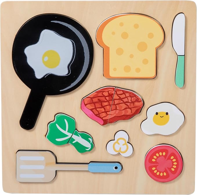 Adena Montessori Wooden Puzzles Play Fake Food for Kids Cookware Fried Egg Vegetables Set Kitchen Toys