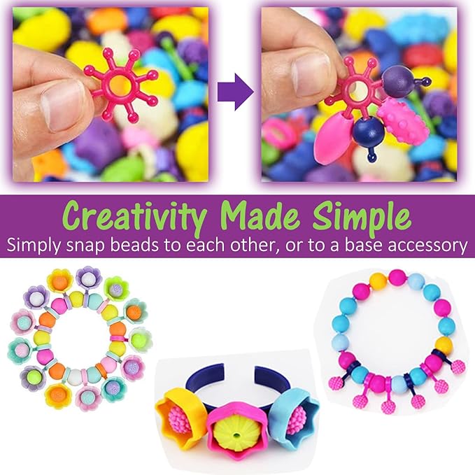 Happytime Snap Pop Beads Girls Toy DIY Jewelry Marking Kit Fashion Fun for Necklace Ring Bracelet Art Kids Crafts Birthday Fun Gifts Toys for 3, 4, 5, 6, 7,8 Year Old Kids Girls