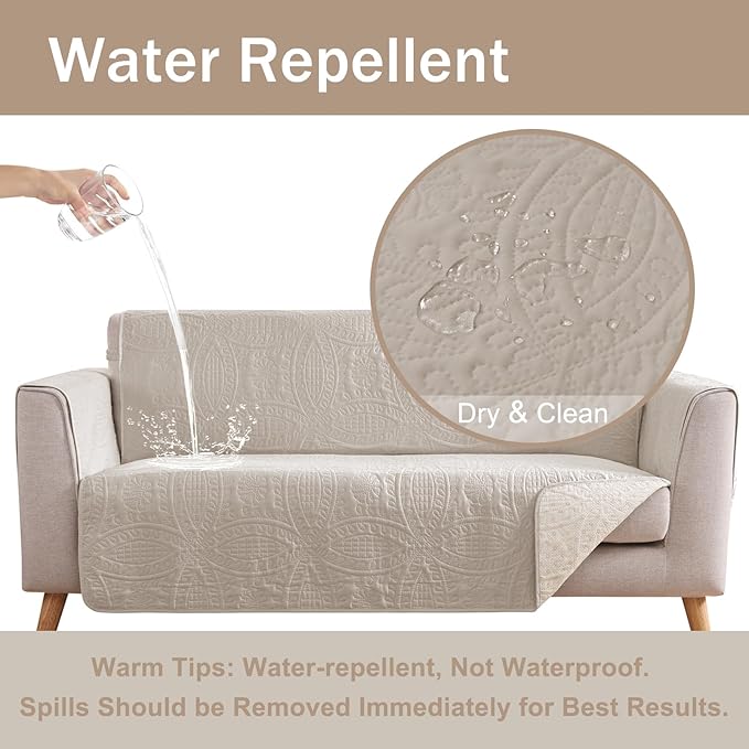 Soft Quilted Couch Cover with Pockets for Extra-Large Sofa, Anti-Slip Sofa Covers Washable for 3 Cushion Pet Friendly, Oversized Sofa Cover Water-Repellent (X-Large Sofa 78", Beige Cream)