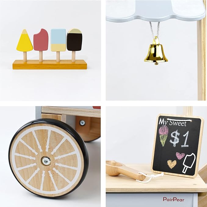 PairPear Wooden Toys Ice Cream Cart for Kids,Toddler Grocery Store Ice Cream Truck Playset,Pretend Play Food Kitchen Toys Gift for Boys and Girls 3 Years and up