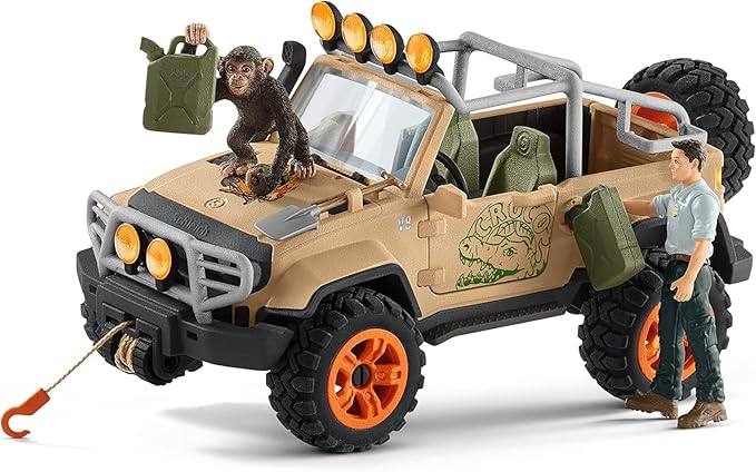 Schleich Wild Life Realistic Chimpanzee, Jeep Truck, and Ranger Figurine 16pc Playset - Wild Adventure Jeep Truck with Chimp, Ranger, and Accessories, Durable for Boys and Girls, Gift for Kids Ages 3+