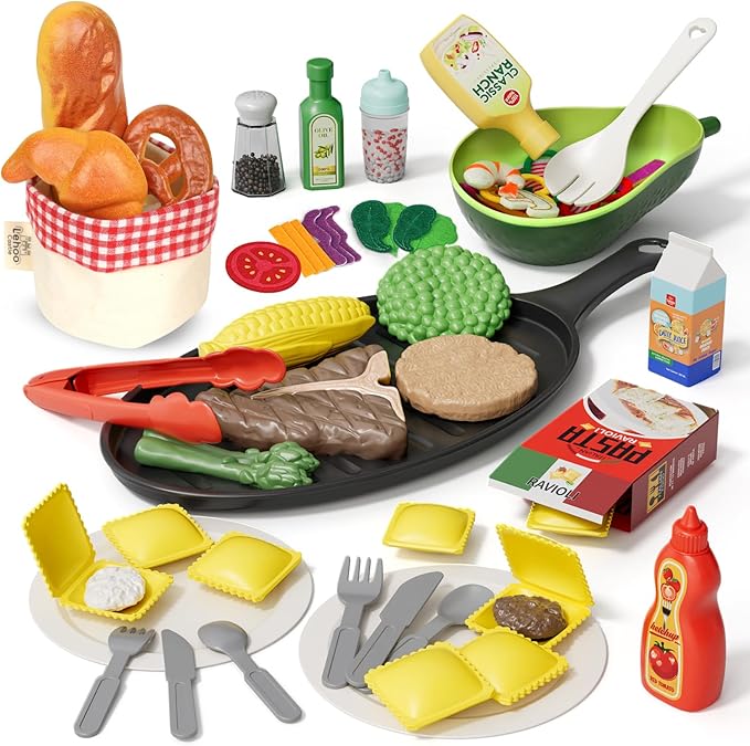 Lehoo Castle Play Kitchen Accessories, Play Food Sets for Kids Kitchen, Fake Food Pretend Play for Toddlers 3-5, Realistic Felt Food Playset for Kids Restaurant Pretend Food with Dishes