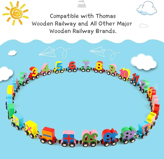 Wondertoys 27 PCS Wooden Train Set Toy Wooden Magnetic Number Train Set Includes 1 Engine Cars for Toddlers Boys and Girls, Compatible with Major Brands Train Set Tracks