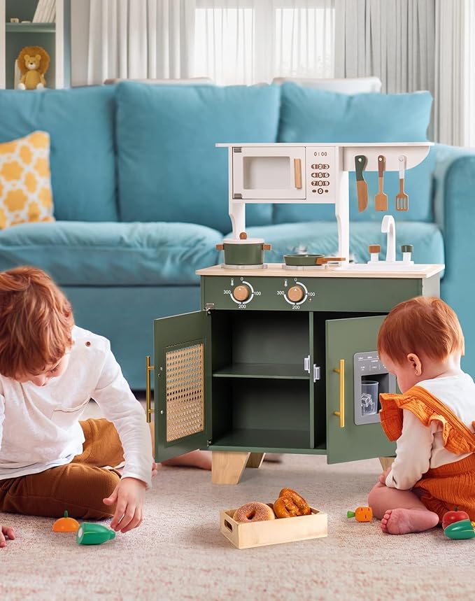 ROBUD Play Kitchen, Kids Kitchen Playset with Pretend Ice Cube Dispenser for Kids Aged 3+, Wooden Toy Kitchen of Birthday Gift to Kids, Vintage Green