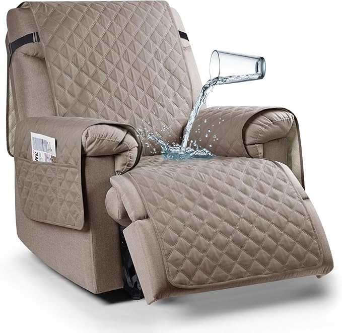 Ruaozz 100% Waterproof Recliner Chair Cover Non-Slip Oversized Reclining Cover for Large Recliner Chair Washable Chair Seat Cover with Elastic Straps for Kids, Dogs, Pets (Pale Brown, 28'')