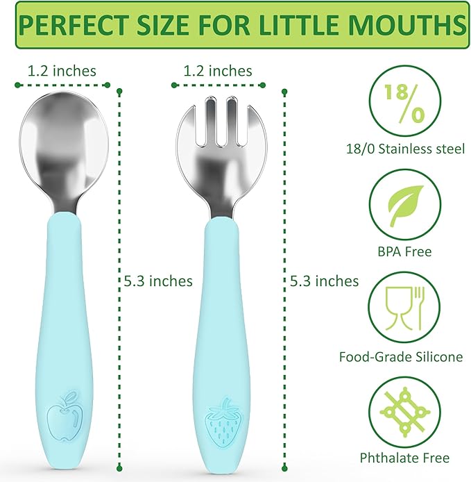 CHILLOUT LIFE Toddler Utensils, Kids Silverware with Silicone Handle, Stainless Steel Metal Toddler Forks and Spoons Safe Baby Cutlery Set for Self Feeding BPA Free Dishwasher Safe