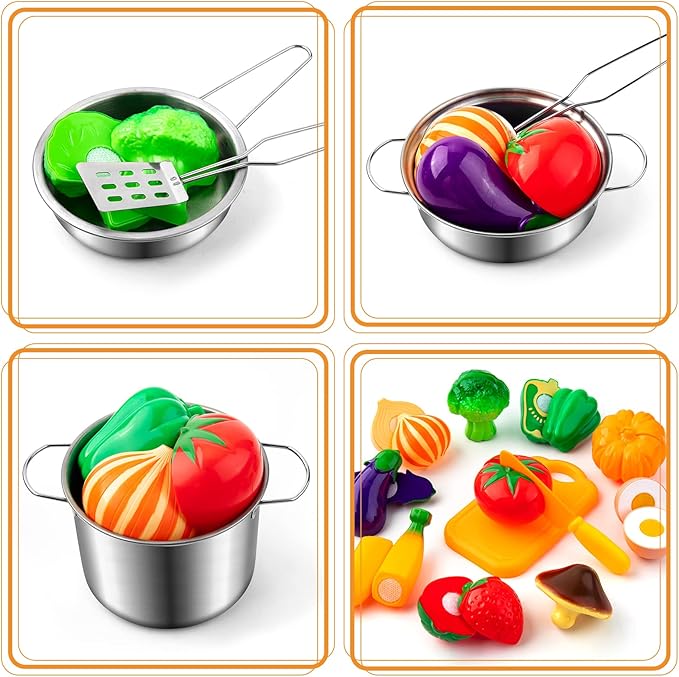26PCS Play Kitchen Accessories, Kitchen Pretend Play Cooking Toys w/ Stainless Steel Cookware, Apron & Chef Hat,Pots and Pans Set, Cutting Foods, Great Learning Gifts for Toddler & Boys Girls
