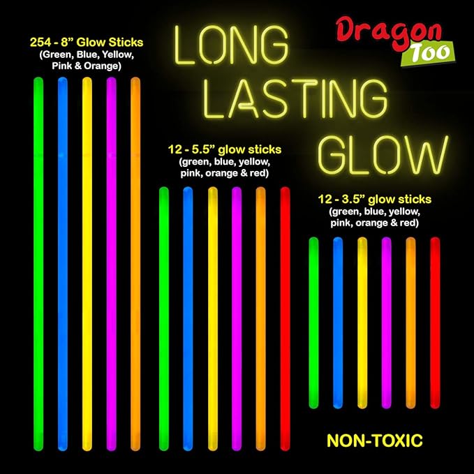 Dragon Too Glow in The Dark Party Supplies - 605 Pieces - Includes Connectors to Create Necklaces, Bracelets, Glasses, Heart Glasses, Hats, Headbands, Balls, Flowers - Glow in The Dark Party Favors
