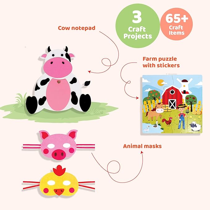 jackinthebox Farm Craft kit for 3 to 5 Year olds, 3 Craft Projects - Pretend Play Animal Masks, Farm Puzzle with Stickers, DIY Cow Notepad, Great Gift for Boys and Girls Ages 3 4 5 Years..