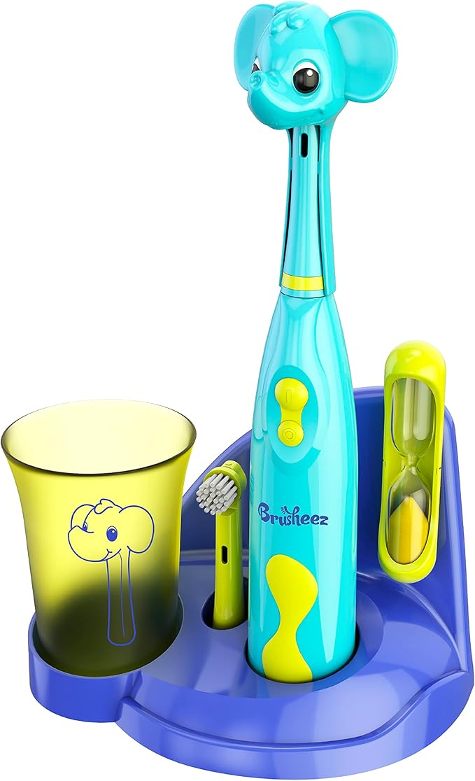 Brusheez Kids’ Electric Toothbrush Set - Safe & Effective for Ages 3+ - Parent Tested & Approved with Gentle Bristles, 2 Brush Heads, Rinse Cup, 2-Minute Timer, & Storage Base (Ollie The Elephant)