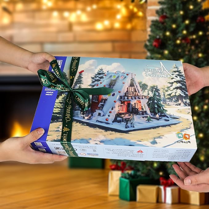 Christmas Art Log House Building Block Set with LED Lights, 2159 Pieces Christmas Toy Set, Christmas Scene, Santa Claus, Christmas Tree, Christmas Deer, for Adults, Boys and Girls