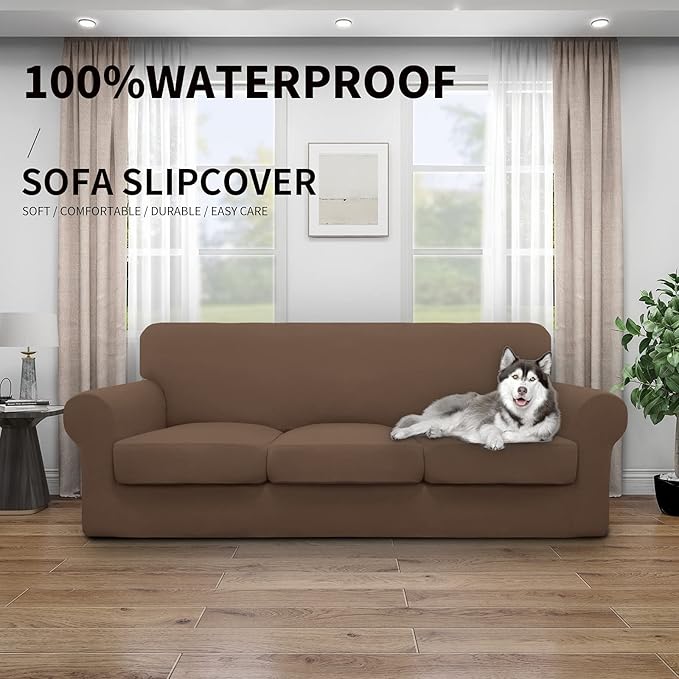 Easy-Going 100% Dual Waterproof Stretch Soft Couch Cover for Dogs, Sofa Slipcover for 3 Separate Cushion Couch Leakproof Furniture Protector for Kids, Pets Brown