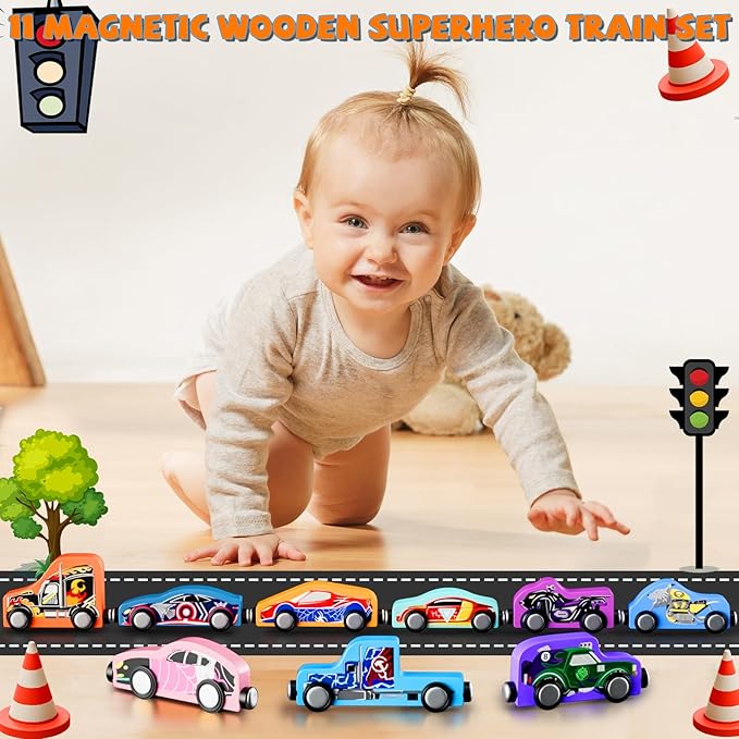 Toddler Boy Toys: 11 Magnetic Train Car Set, Spider Toys for Boys 2 3 4 Wooden Toys for Toddlers Montessori Toys Superhero Toys Toddler Cars Easter&Birthday Gifts for Kids Boys Cars Toys for Kids