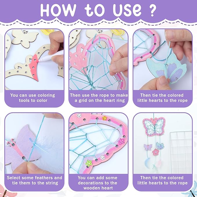 TREACLUB 8Pack Butterfly Dream Catcher Craft Kit for Kids, Unfinished Wooden Butterflies Wood for Painting, Butterfly Shaped Dream Catcher Craft for Home Classroom Brithday Spring Summer Art Activity