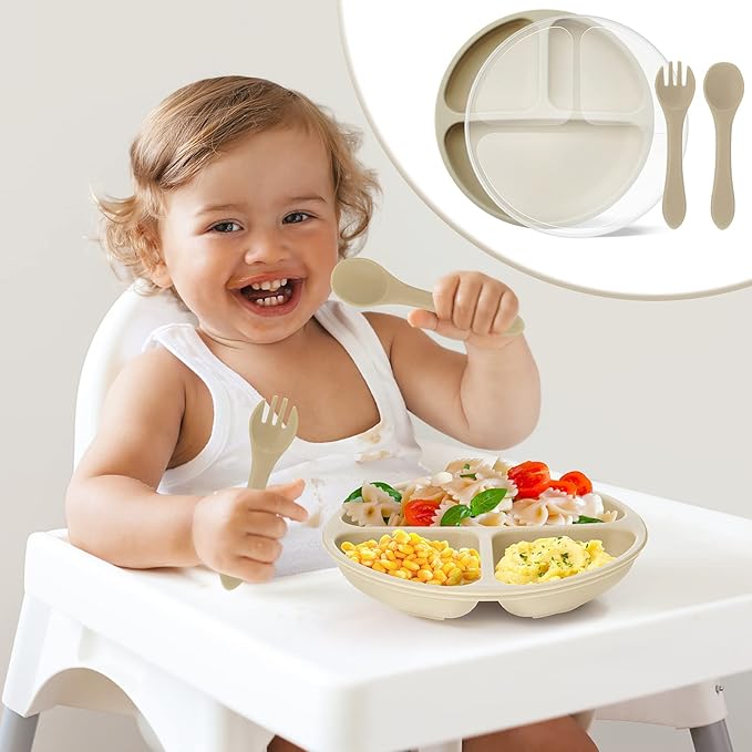Meanplan 6 Pack Suction Plates for Toddlers with Lids Silicone Baby Plates set Food Grade Silicone Divided Design BPA Free Microwave and Dishwasher Safe Assorted Colors(Cute Colors)