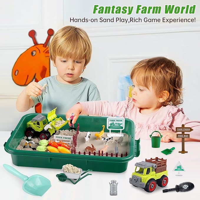 Farm Sensory Bin, Farm Toys & 2.2lbs Play Sand, Farm Animals, Farm Trucks, Sand Box with Lid, Christmas Birthday Gift for Kids Toddlers Ages 3 4 5 6 7 8