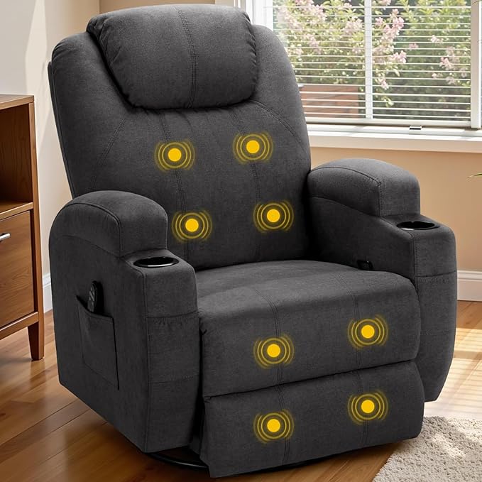 Recliner Chair, 360° Swivel Rocker Chair for Adults, Rocking Recliner Chair with Massage, Comfy Single Sofa with Side Pockets Cup Holders for Living Room, Bedroom, Nursery (Fabric, Gray)