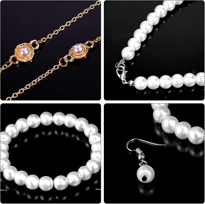 Tatuo 7pcs Halloween Old Lady Costume Granny Wig Shawl Cane Frame Glasses with Chain Pearl Necklace Bracelet Earrings