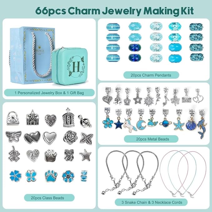 Charm Bracelet Making Kit, Kid Jewelry Making Kit for Girls 8-12, Unicorn Craft Kits for Teen Girls Toys Ages 3-10 Years Old Girl Gifts Trendy Stuff Birthday Christmas Gift with Initial Jewelry Box-H