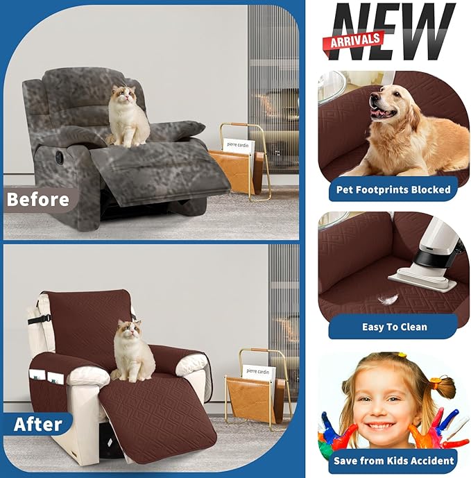 XINEAGE 100% Waterproof Recliner Cover, Non Slip Recliner Chair Cover with Elastic Band, Washable Recliner Slipcover with Storage Pockets for Kids, Pets (Coffee, 30")