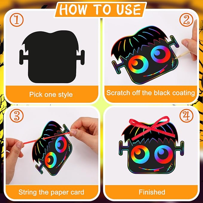 FEBSNOW Halloween Crafts for Kids, Magic Rainbow Halloween Scratch Art Paper Cards Halloween Tree Hanging Ornaments Halloween Gifts for Kids Holiday Party Favors Games (Halloween)