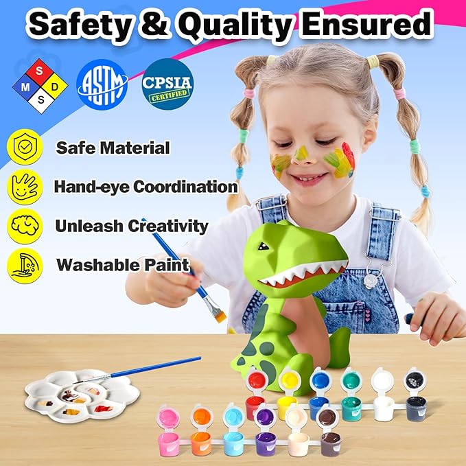 FUNZBO 4.3in Paint Your Own Dinosaur Lamp - Arts and Crafts Supplies Painting Kit for Kids Teens Adults, DIY Toys for Toddler Boy Girl Age 3 4 5 6 7 8 9 10 11 12 Birthday Easter Valentine Holiday Gift