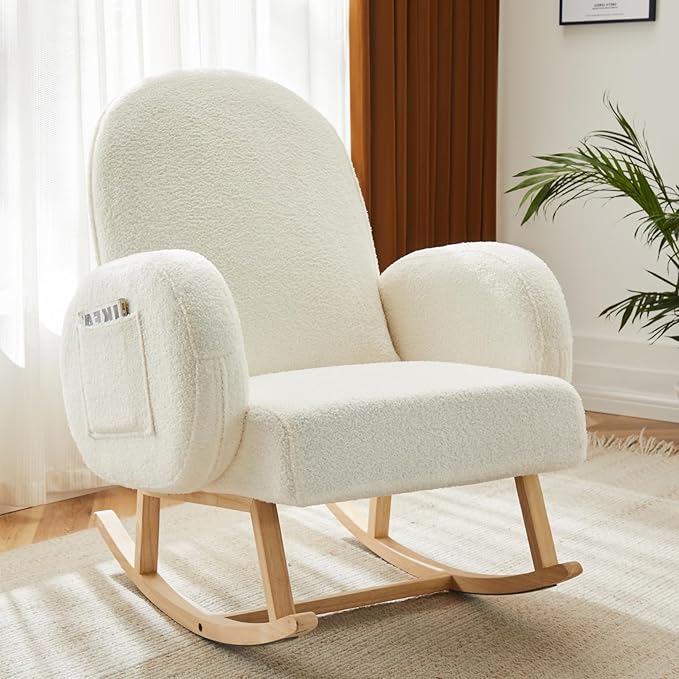 Upholstered Rocking Chair, Glider Chair with Side Pocket, Rocking Accent Chair with Rubber Wood Legs, Wooden Nursery Rocking Chair for Living Room, Bedroom, Nursery