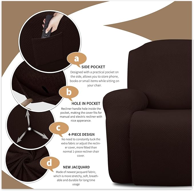 JIVINER 6-Piece Loveseat Recliner Slipcover Stretch Jacquard Recliner Sofa Cover 2 Seater Washable Reclining Couch Cover with Pocket Fitted Furniture Protector Cover (Loveseat Recliner, Dark Coffee)