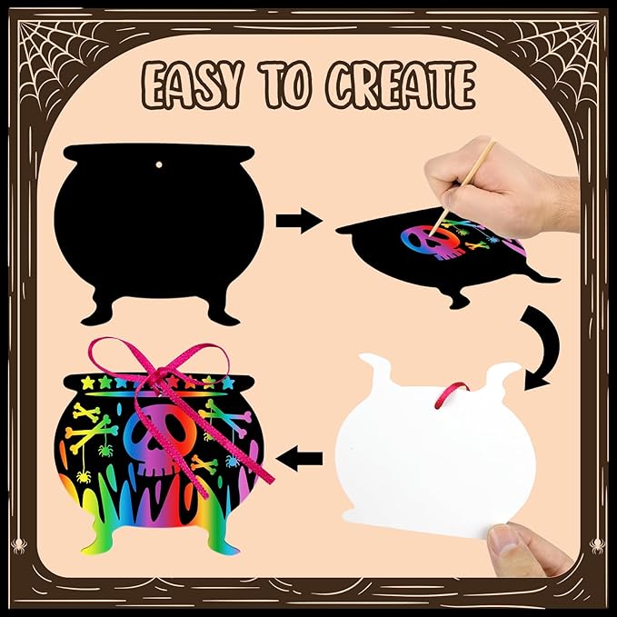 Leesgel Halloween Scratch Art Paper for Kids, 60Pcs Magic DIY Crafts Kit Halloween Party Decorations Supplies, Pumpkin Skull Bat Scratch Crafts Birthdays Party Favor Educational Toys