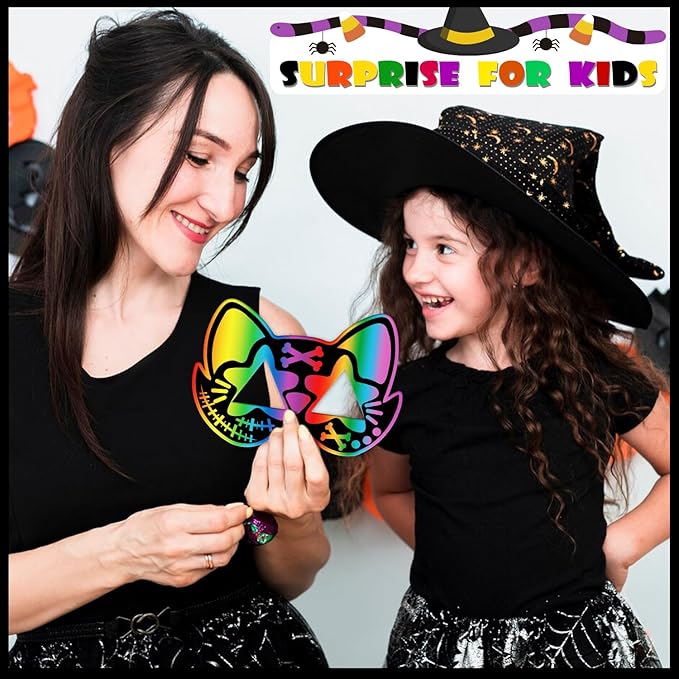 PARTYWIND 32 PCS Halloween Scratch Masks, Magic Halloween Scratch Art Crafts for Kids Party Decorations, DIY Scratch Off Masks for Kids Halloween Activities Party Supplies with Pumpkin Zombie Bat