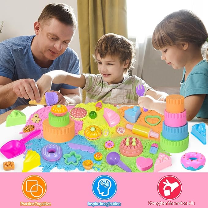 YongnKids Sensory Bin for Girls Kids,54 Pcs Ice Cream Cake Play Sand Art Kit with 2.2lb Color Sands/ 12 Cake Molds/Tools/Sandbox -Fun Sand Toys Birthday for Girls Toddler 3 4 5 6 Years Old