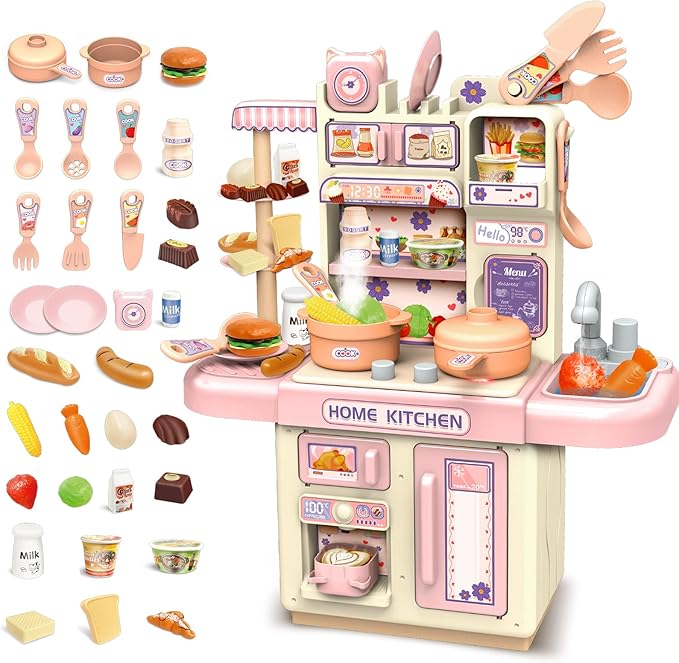 deAO Mini Kitchen Playset Toy,33 PCS Play Kitchen with Realistic Steam and Lights, Role Playing Game Pretend Food and Cooking Playset, Mini Kitchen Accessories Set for 3 4 Girls Boys