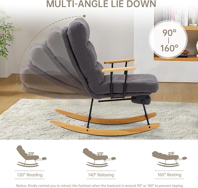 Rocking Chair with Footrest-Glider Rocker Chair with Retractable Footrest and Adjustable Backrest, Teddy Upholstered Rocking Chair Set of 2, Accent Chair for Living Room/Nursery/Bedroom/Outdoor-Grey