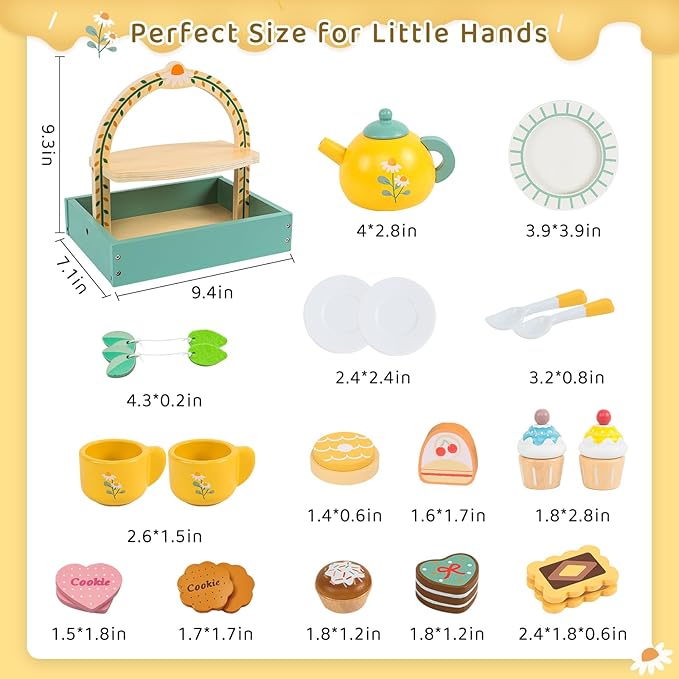 Tea Party Set，Tea Sets for Toddlers 3-5，Kids Tea Set with Dessert Cookies & Cake Stand, Non-Toxic Wooden Tea Party Set，Pretend Play Toys Toddler Tea Set for Girls Birthday Gifts