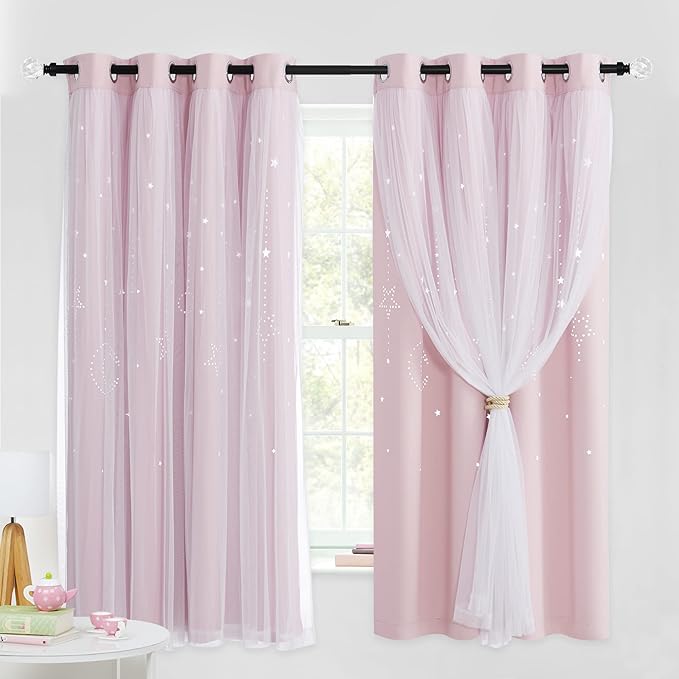 NICETOWN Moon and Stars Cutout Blackout Curtains with White Sheer Voile for Bedroom/Christmas, Grommets Noise Reducing Window Treatment Draped for Grils Room, 1 Pair, 52" Wide x 63" Long, Baby Pink