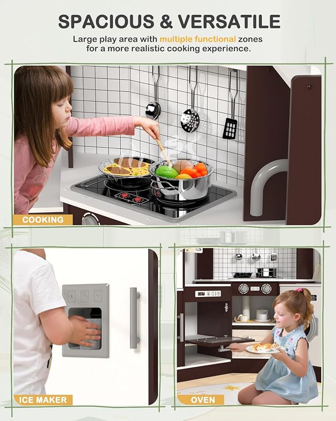 Babytronic Corner Wooden Play Kitchen Set for Kids w/Lights & Sounds, Pretend Play Kitchen Playset with Stove, Microwave, Ice Maker & Accessories, Perfect for Toddlers & Multiple Children (Coffee)