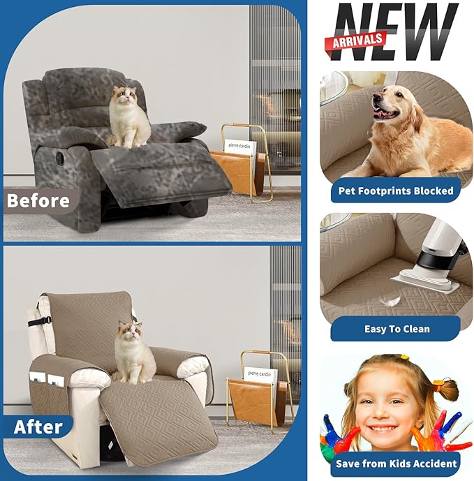 XINEAGE 100% Waterproof Recliner Cover, Non Slip Recliner Chair Cover with Elastic Band, Washable Recliner Slipcover with Storage Pockets for Kids, Pets (Khaki, 28")