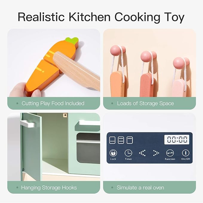 ROBUD Kids & Toddlers Kitchen Playset, Wooden Pretend Play Kitchen Set Toy Gift for Girls & Boys