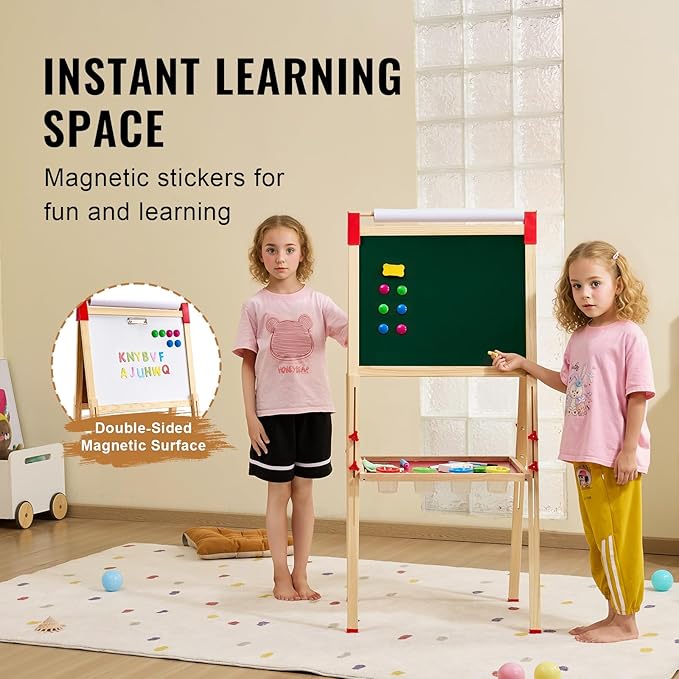 VEVOR Art Easel for Kids, 3-in-1 Wooden Double-Sided Kid's Art Easel with Magnetic Whiteboard, Chalkboard & Paper Roll, Adjustable Standing Drawing Board with Painting Accessories for Boys and Girls