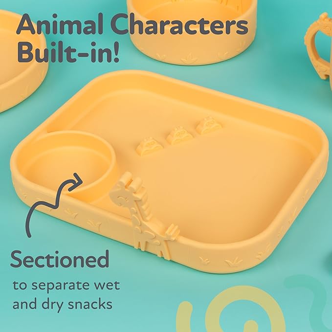 Nuby Animal Friend Silicone Rectangle Plate - Toddler Plate - 6+ Months - Yellow Giraffe Plate